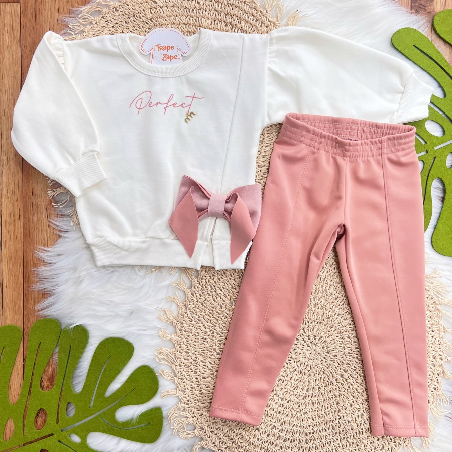 Conj. Blusão Perfect Laço Lateral e Calça Legging - Off White e Rose